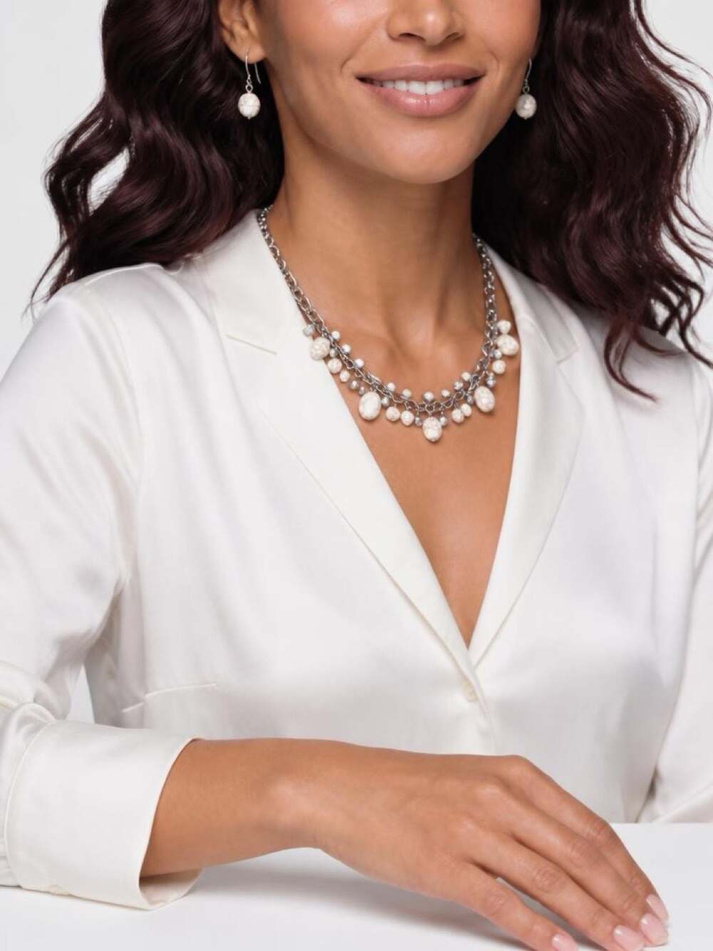 Paparazzi Silver Tone Faux White Marble Stone Cha-Cha Necklace and Earrings Set